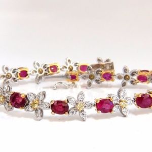 7.27ct Red natural ruby diamonds flower cluster tennis bracelet 18kt gold*